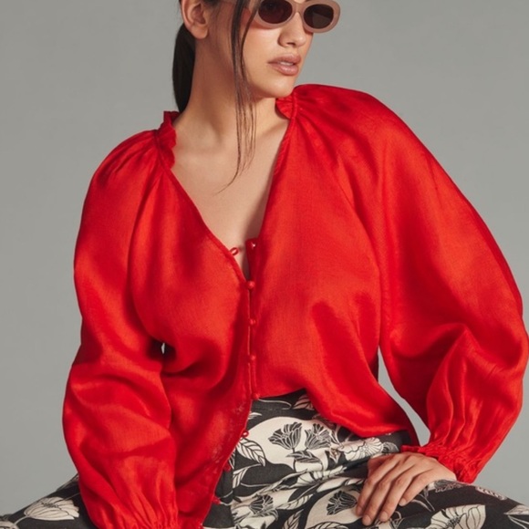 NWT! Anthropologie Maeve LINEN The Audie Puff-Sleeve Oversized Top Shirt M - Picture 4 of 15